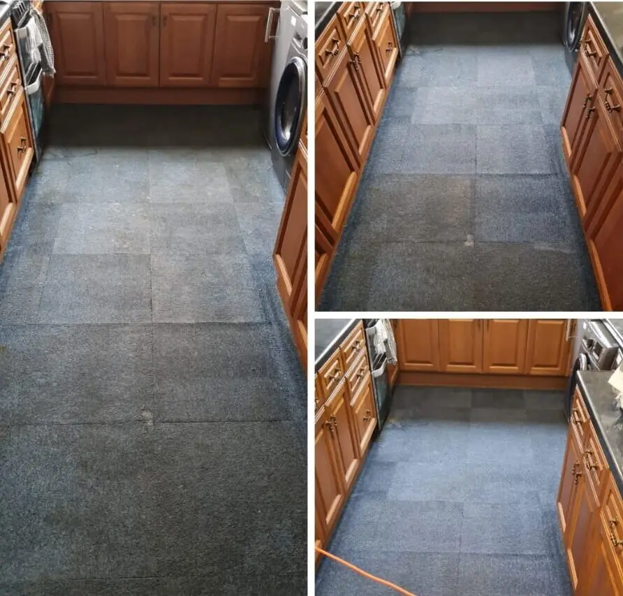 A tiled kitchen floor shown before cleaning with dark ingrained soiling, during the clean, and afterwards with an even, much lighter finish