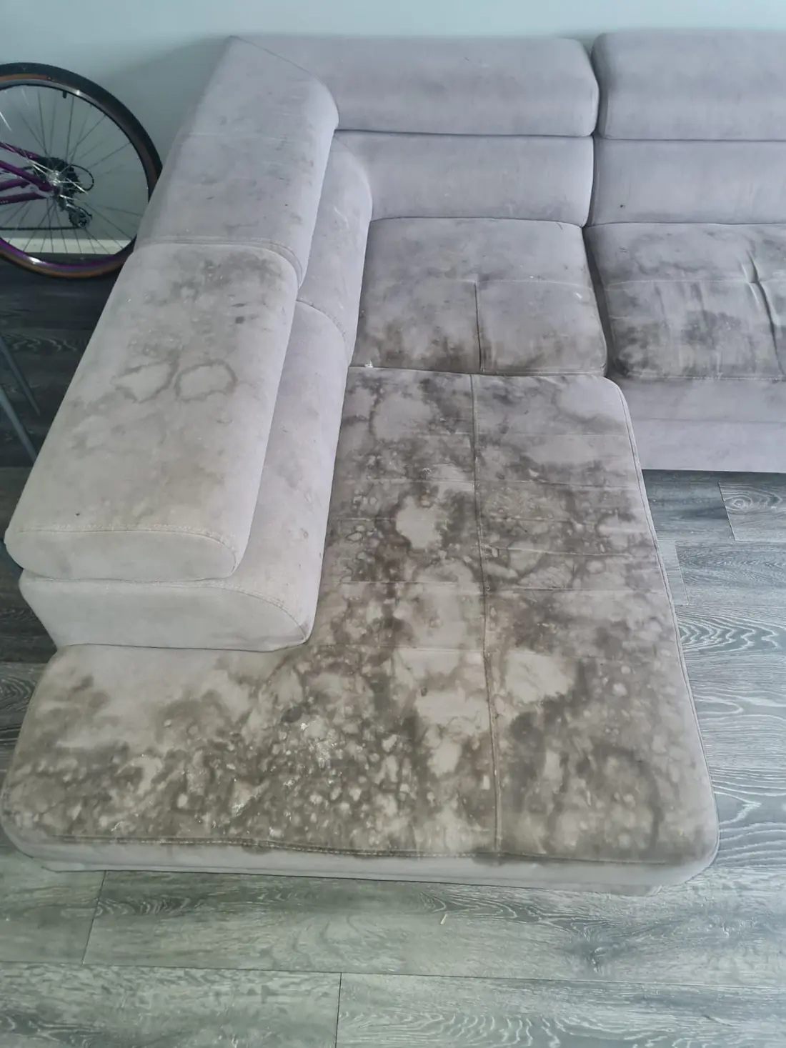 A grey fabric corner sofa part way through cleaning, with cleaning solution worked into the seat cushions and one section already showing an even colour